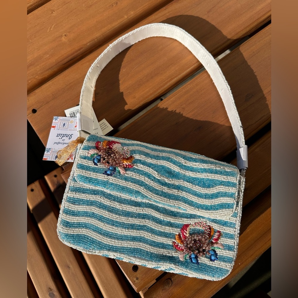 Beaded Blue & White Stripe Crab Embellished Shoulder Bag